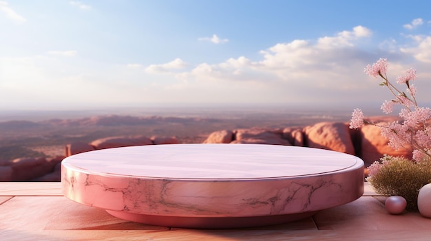 Elegante podio de presentación para la exhibición de productos con textura de mármol contra el sereno telón de fondo del desierto