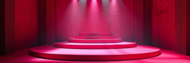 Elegante podio rojo en el escenario de estudio iluminado para la exhibición de productos de IA generativa