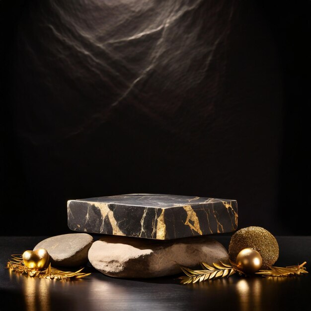 Elegante Podium de Pedra contra um Ai Negro Escuro Gerado