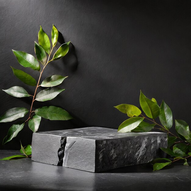 Elegante Podium de Pedra contra um Ai Negro Escuro Gerado