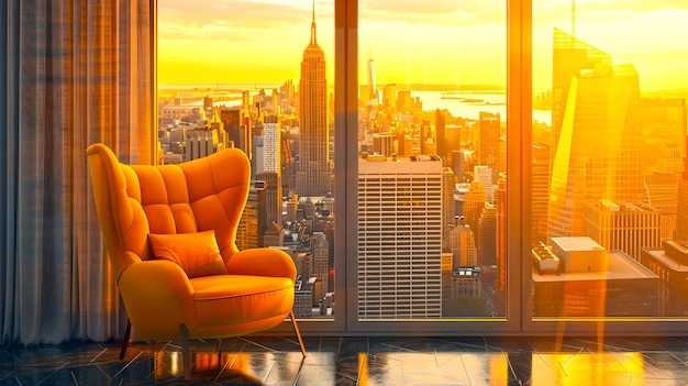 Elegante poltrona em um apartamento de arranha-céus com vista panorâmica da cidade durante o nascer do sol Estilo de interior moderno aconchegante Perfeito para publicidade de estilo de vida urbano AI