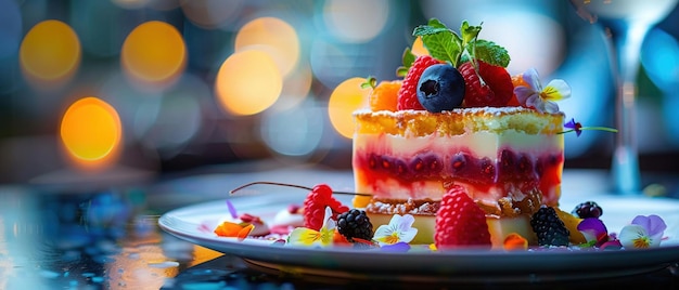 Foto un elegante postre en capas adornado con flores y frutas comestibles