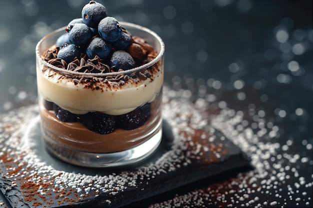 Elegante postre con chocolate y arándanos