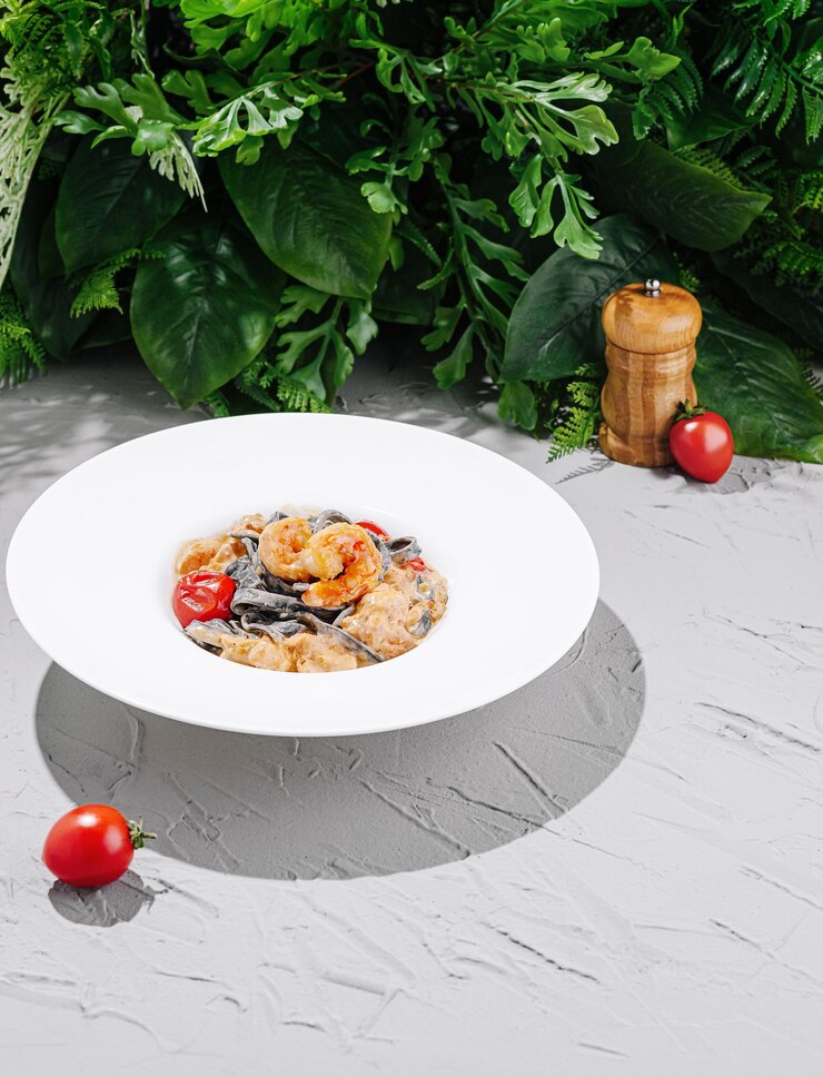 Foto elegante prato de pasta de frutos do mar apresentado em um prato branco com ingredientes frescos e guarnições em um cenário verde exuberante
