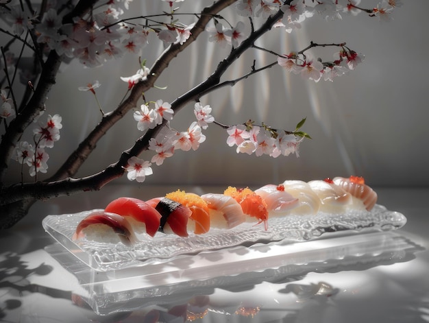 Elegante prato de sushi a luz filtrando através de arranjos delicados