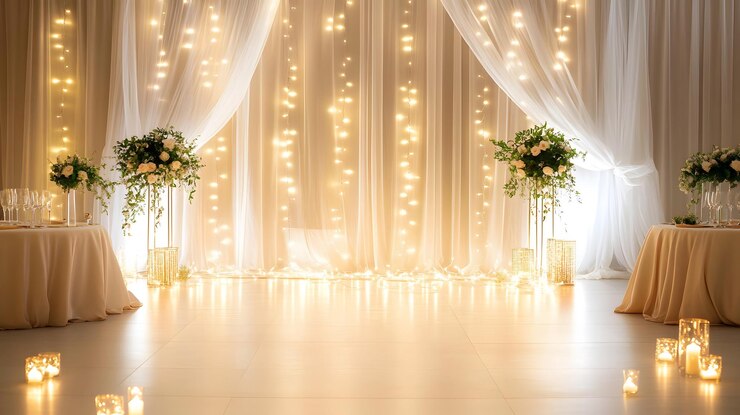 Elegante preparación de la recepción de la boda con iluminación suave y arreglos florales