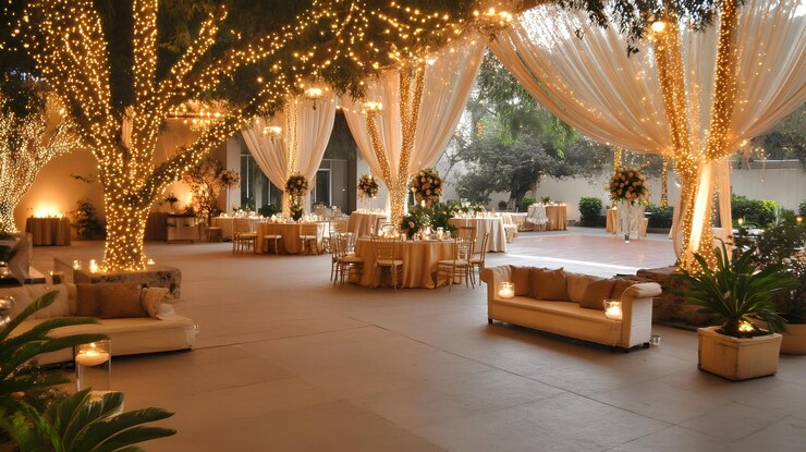 Elegante preparación de la recepción de la boda con iluminación suave y decoración floral