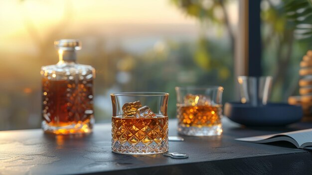 Elegante preparación de whisky con líquido ámbar y hielo sobre un fondo de pizarra oscura