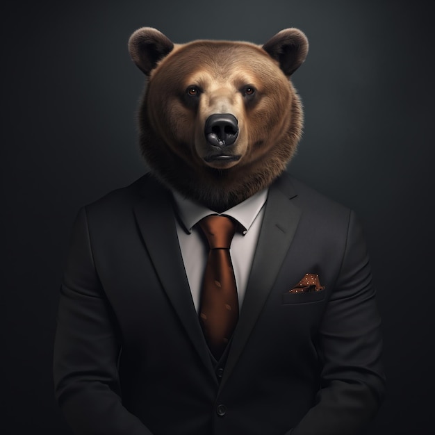 Elegante, pronto para negócios, urso antropomórfico de terno e gravata.