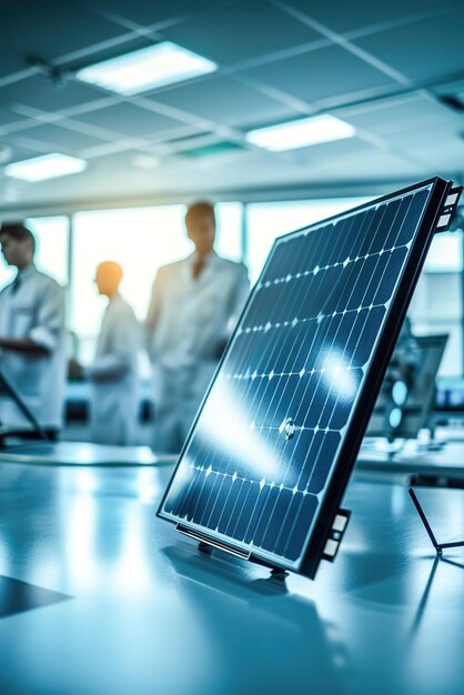 Un elegante prototipo de panel solar futurista exhibido en un laboratorio de alta tecnología.