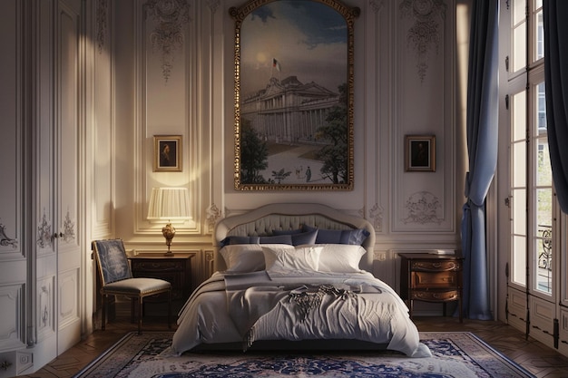 Elegante quarto de inspiração parisiense com fa luxuoso