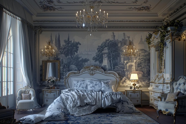 Elegante quarto provincial francês com toile wallp