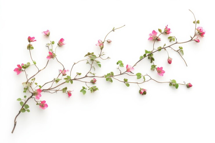 Una elegante rama de brotes de rosas rosadas y hojas verdes aisladas sobre un fondo blanco