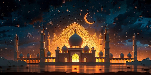 Elegante Ramadan Kareem Card Mosque Decorative Background com Eid Mubarak Moon Perfeito para Festive
