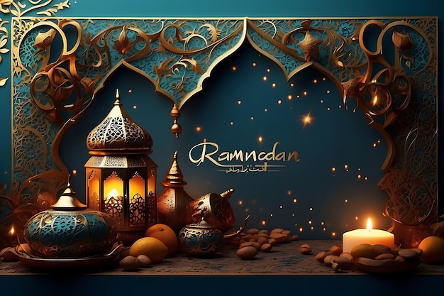Foto elegante ramadan kareem decorativa lua e lanternas saudação