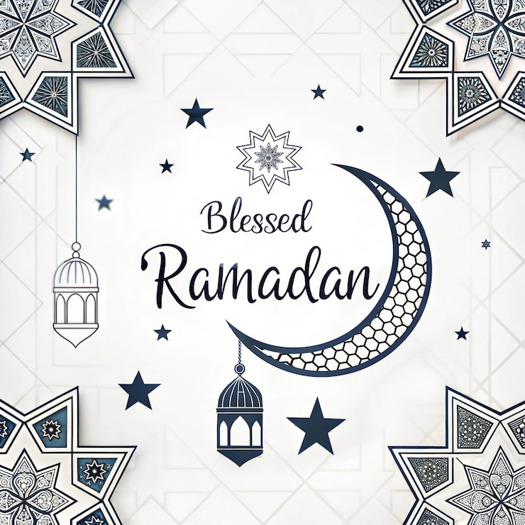 Elegante Ramadán Kareem Saludo con luna de media luna dorada y linternas