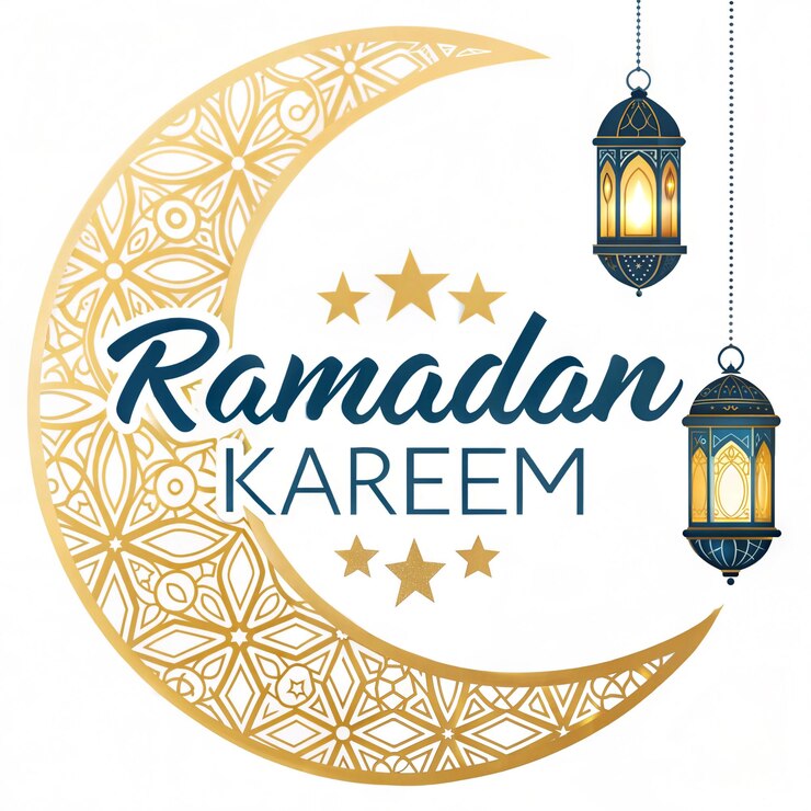 Elegante Ramadán Kareem Saludo con luna de media luna dorada y linternas