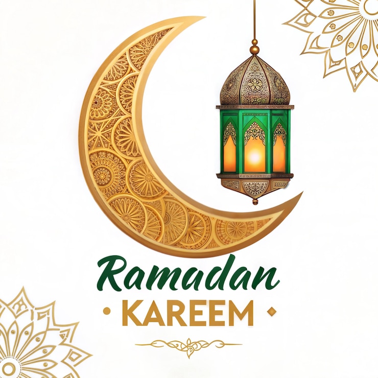 Elegante Ramadán Kareem Saludo con luna de media luna dorada y linternas