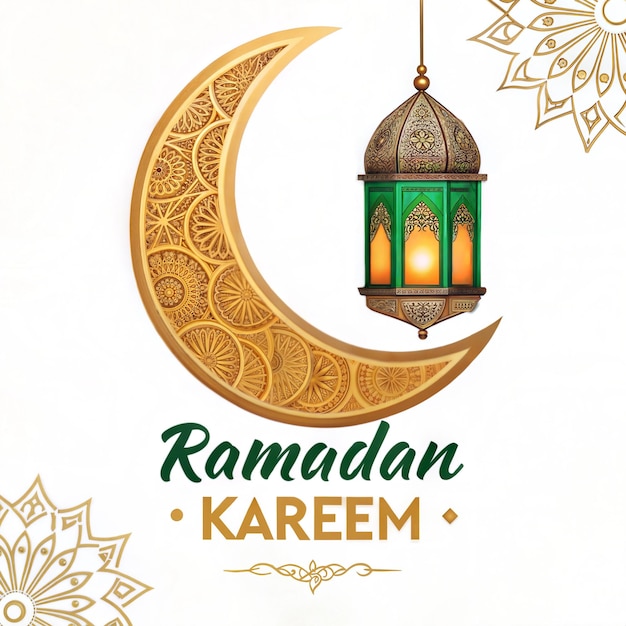 Elegante Ramadan Kareem Saudação com Lua Crescente de Ouro e Lanternas