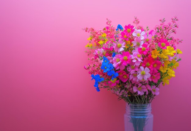 Elegante ramo de flores frescas de primavera en un jarrón moderno sobre un fondo pastel gradiente