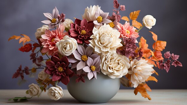 un elegante ramo de flores de otoño contra una espalda apagada