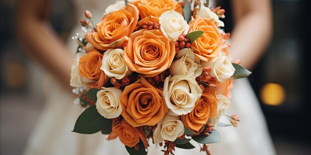 elegante ramo de novia elegante un hermoso ramo de boda con rosas naranjas en las manos de la novia una mujer en vestido de novia sosteniendo flores concepto de estilo de celebración