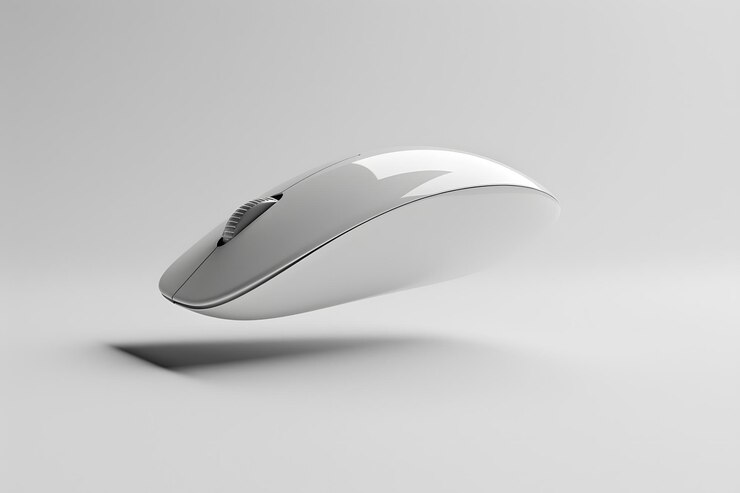 El elegante ratón blanco de la computadora flotando en el espacio minimalista