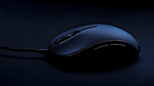 Foto un elegante ratón de computadora negro está descansando en una superficie negra sólida