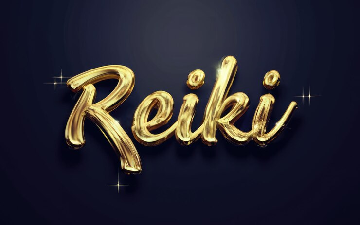 Foto elegante reiki escrito en una lujosa escritura dorada sobre un fondo oscuro