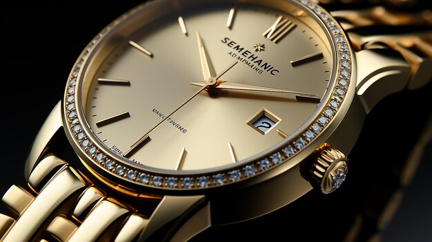 Elegante relógio de homem dourado com diamantes contra fundo escuro