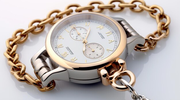 Elegante reloj de mano en cinturón de cadena sobre fondo blanco.