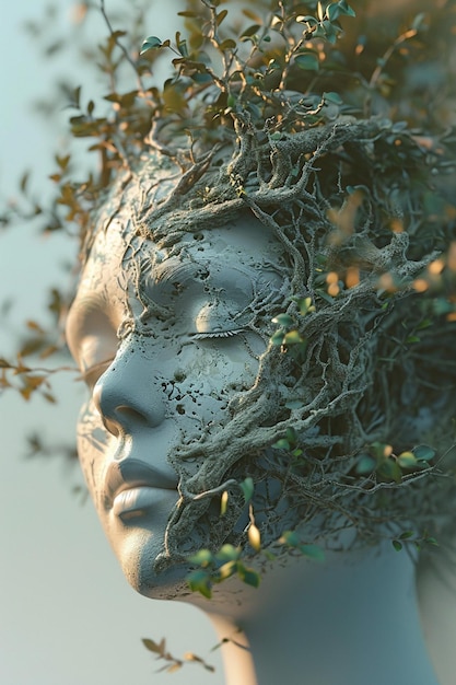 Elegante renderização 3D de uma árvore com galhos e folhas formando sutilmente uma rede de rostos femininos