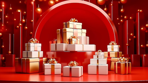Elegante renderizado 3D de caja de regalo roja con cintas doradas brillantes espacio de copia generado por Ai