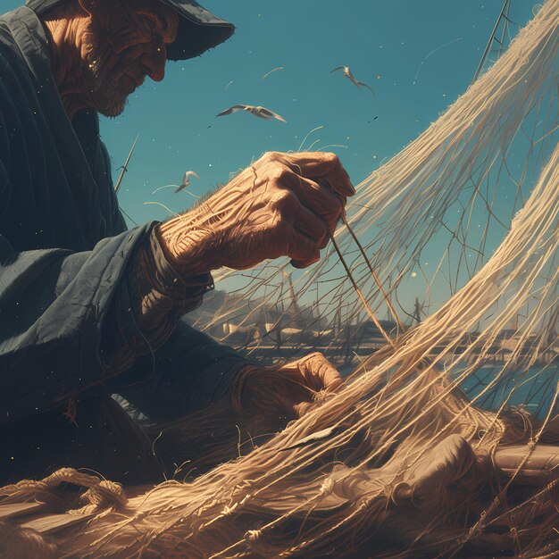 Elegante Reparatur von Fischernetzen am Meer