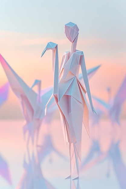 Elegante representación en 3D de una serie de grúas de papel que se transforman en una figura femenina