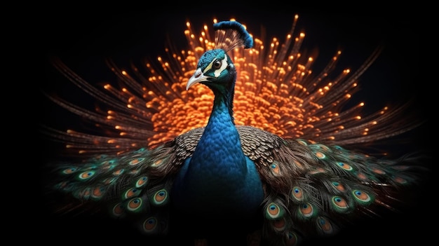 Elegante retrato colorido de un pavo real al atardecer generado por IA