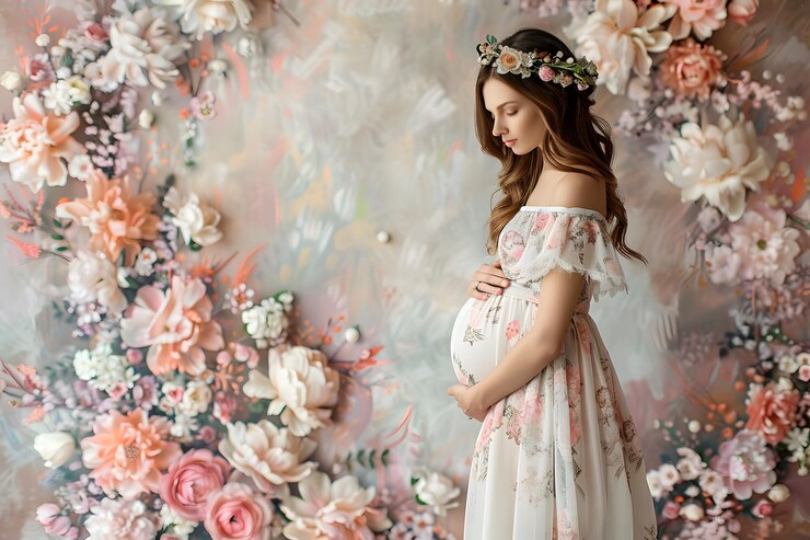 Elegante retrato de maternidad rodeado de belleza floral
