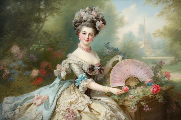 Elegante retrato rococó de uma senhora em um luxuoso jardim cercado por flores desabrochando