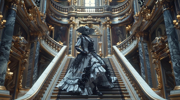 Foto elegante robô 3d em vestido de baile barroco descendo uma grande escada personificando a graça