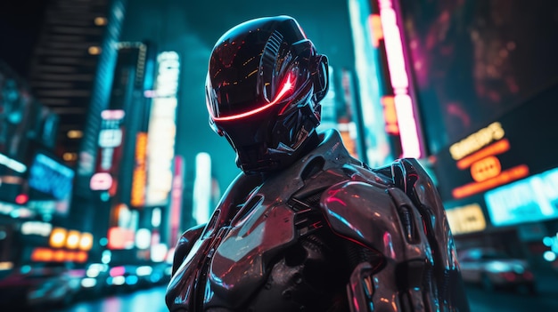 Un elegante robot cyberpunk en medio de las calles de la ciudad iluminadas con neón