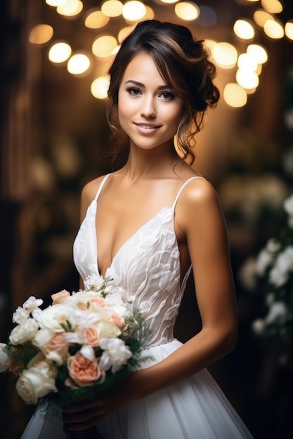 Elegante romântico e elegante retrato de noiva de casamento Elegante e elegante roupa vestidos não convencionais olhar luxo apresentável encaixe noivos buquê de flores nova vida vestido de noiva