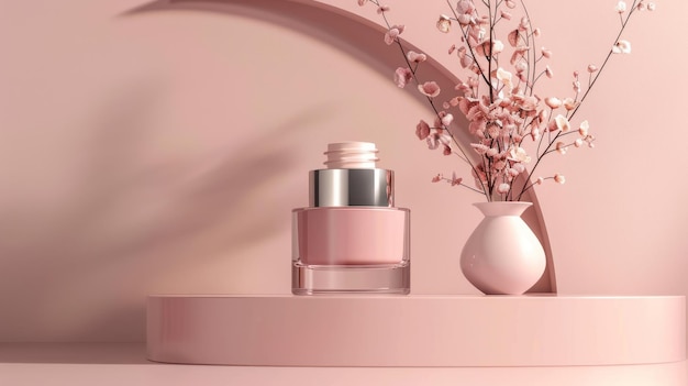 Elegante rosa Kosmetikprodukte mit Blumen