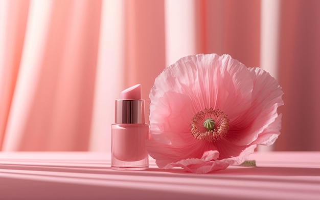 Elegante rosa Nagellackflasche mit zarten Mohnblumen auf Satinstoff