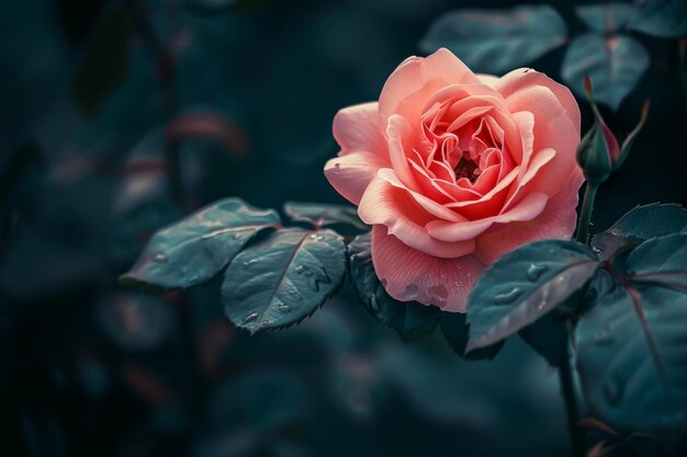 Elegante rosa en plena floración con gotas de rocío