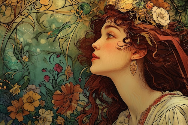 Foto elegante rosto de mulher art nouveau gerar ai