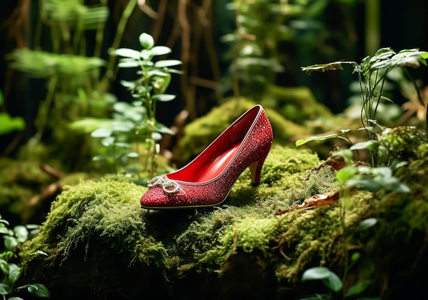 Elegante rote Frauen-Schuhe mit hohen Absätzen auf einem moosigen Baumstamm im Wald.