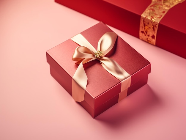 Elegante rote Geschenkbox, wunderschön verziert mit einem goldenen Satinband auf pastellrosa Hintergrund