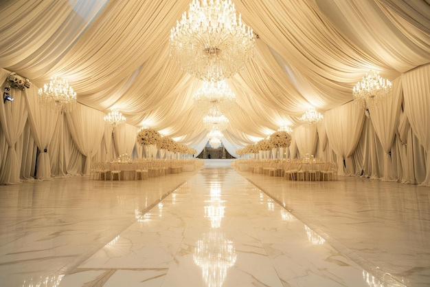 Elegante sala de banquetes preparada para un gran evento con lujosas cortinas e iluminación