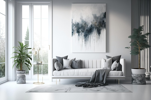 Elegante sala de estar branca e cinza com pintura abstrata