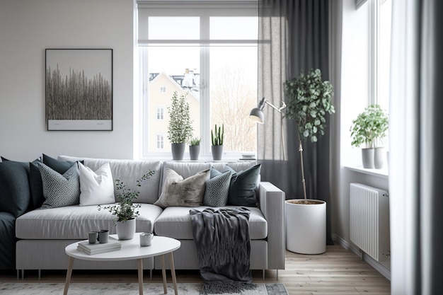 Elegante sala de estar com sofá e pequena mesa de design Plantas no parapeito da janela paredes brancas piso de madeira marrom